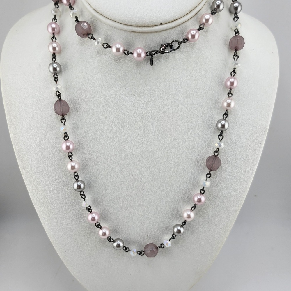 RMN Pink Gray Beaded Necklace Fashion Jewelry‎ Costume Glam Dressy